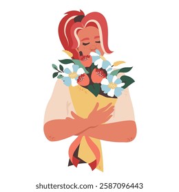 Young woman holding  bunch of  flowers. Girl character with bouquet of garden flowers. Fashion face portrait. Vector flat illustration for gift,  Women's day, Valentine's Day, birthday, Mother's Day
