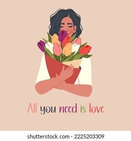 Young woman holding bunches blooming flowers  Girl character and bouquet tulips  Beauty  fashion face portrait  Vector flat illustration for gift  love concept  Women's day  Valentine's Day