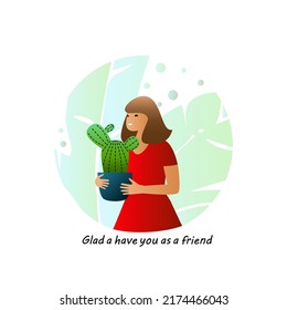 Young woman holding a cactus in her hands. Friendly card, poster or print. Vector illustration for World cactus day.
