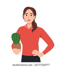 Young woman holding a cactus in her hands. Friendly card, poster or print. Flat vector illustration isolated on white background