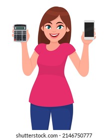 Young woman holding calculator and showing blank screen phone. Trendy girl presenting mobile, cell or smartphone. Female character design illustration. Modern lifestyle concept in vector cartoon.