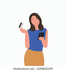 Young woman holding card  in one hand and phone in another hand with smile on her face. Standing pose isolated faceless silhouette female cartoon character Flat vector illustration. White background.  svg