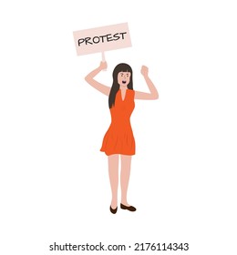 Young woman holding card PROTEST to support women rights. Protest against a ban on abortion. Women's right to legal abortion. Vector illustration in modern flat style for banner, social media.