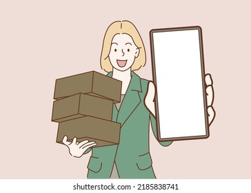 Young woman is holding cardboard box and show the screen in mobile phone. Hand drawn in thin line style, vector illustrations.