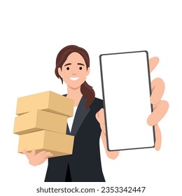 Una joven sostiene una caja de cartón y muestra la pantalla en un teléfono móvil. Ilustración vectorial plana aislada en fondo blanco