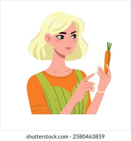 Young woman holding a carrot and looking at it, isolated on white background. Ideal for concepts related to healthy eating, diet, vegetarian food, organic products and lifestyle.