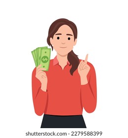 Mujer joven con dinero o dinero en manos. Alegre joven sosteniendo billetes de monedas. Ilustración vectorial plana aislada en fondo blanco