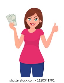 Young woman holding cash/currency/money in hand and showing thumbs up sign. Vector illustration in cartoon style.