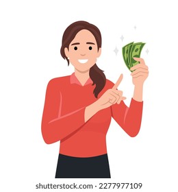 Young woman holding cashcurrencymoney in hand and pointing towards that. Flat vector illustration isolated on white background