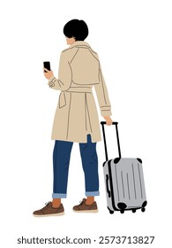 Young woman holding cell phone and suitcase. Pretty girl wearing trench coat and blue jeans. Business travel concept flay vector illustration isolated on white background