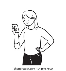 a young woman holding a cellphone and staring at the screen, the gesture of a young woman holding a phone, an illustration of a black and white character vector