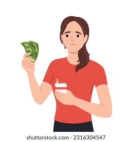 Young woman holding cigarette box and money on other hand. Thinking how much money she spent over unhealthy cigarette. Stop smoking. Flat vector illustration isolated on white background