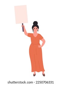 Young woman holding clean empty banner or placard. Activism, social movement. Democracy, rally and protest. Vector illustration in flat style