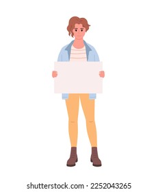 Young woman holding clean empty banner or placard. Activism, social movement. Democracy, rally and protest. Vector illustration in flat style