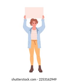 Young woman holding clean empty banner or placard. Activism, social movement. Democracy, rally and protest. Vector illustration in flat style