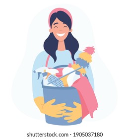 Young woman holding cleaning tools and products in bucket. Flat vector illustration on a white background.