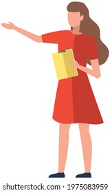 Young woman holding clipboard. Female employee stands with document in her hands. Girl in dress points at something with her hand. Faceless businesswoman with clipboard isolated on white background