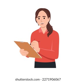 Young woman holding clipboard and writing. Vector illustration in cartoon style. Flat vector image