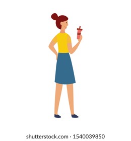 Young woman holding coffee cup and reading the label - female cartoon character standing from the back and looking at hot beverage. Isolated flat vector illustration.