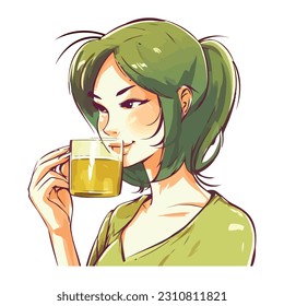 Young woman holding coffee mug icon isolated
