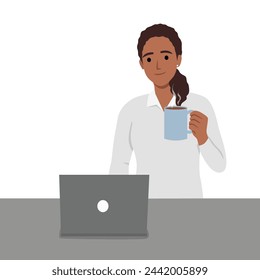 Young woman holding coffee while looking at laptop. Flat vector illustration isolated on white background