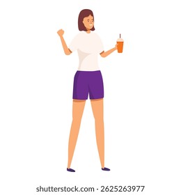 Young woman is holding a cold beverage and raising her fist in a celebratory gesture