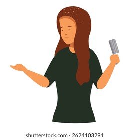 Young woman holding comb suffering from hair loss showing empty hand
