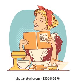 Young woman holding cook book in her hands on kitchen room.Reto style color illustration on white background