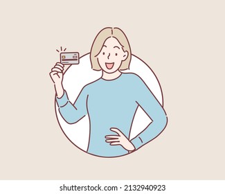  young woman holding credit card. Hand drawn style vector design illustrations.