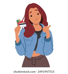 Young Woman Holding Credit Cards And Giving A Thumbs Up. Vector Image Conveys A Sense Of Confidence And Approval In Using Credit Cards. Perfect For Themes Related To Finance, Shopping, And Spending