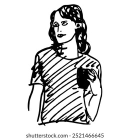 Young woman holding cup of beverage. Funny female portrait. Hand drawn linear doodle rough sketch. Black and white silhouette.