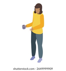 Young woman holding cup of coffee or tea isometric illustration