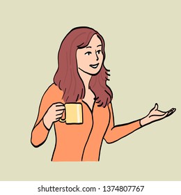 Young woman holding a cup of tea or coffee in her hand, talking to someone else. Vector cartoon outline color illustration.