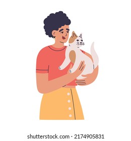 Young woman holding a cute cat. Owner with beloved pet animal. Hand drawn color vector illustration isolated on white background. Modern flat cartoon style.