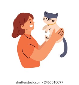 Young woman holding cute cat. Pet owner. Human and feline animals friendship. Flat cartoon style vector illustration isolated on white background