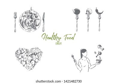 Young woman holding delicious salad, vegetables in heart shape, vitamin diet, vegetarian lifestyle banner. Healthy nutrition, organic vegan food concept sketch. Hand drawn vector illustration