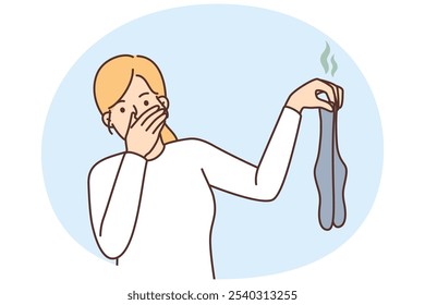 Mujer joven que sostiene los calcetines apestosos sucios en manos disgustada por el olor. Chica con medias malolientes irritada y rechazada por la suciedad. Ilustración vectorial.