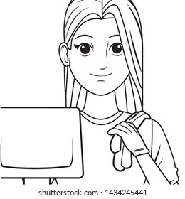 young woman holding a dustpan and gloves avatar cartoon character in black and white vector illustration graphic design