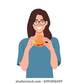 Young woman holding eating biting tasty burger. Flat vector illustration isolated on white background