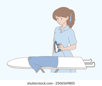 Young woman holding electric steam iron, ironing clothes on ironing board. Hand drawn flat cartoon character vector illustration.