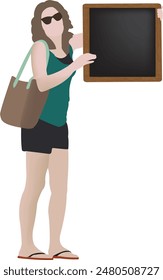 Young woman holding empty chalkboard sign with both hands