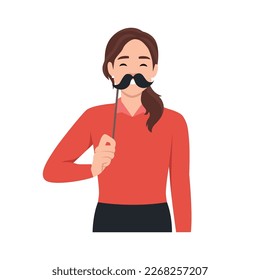 Mujer joven sosteniendo bigote falso. Ilustración vectorial plana aislada en fondo blanco