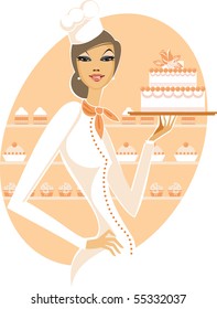 Young woman holding fancy wedding cake