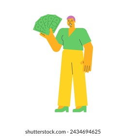 Young woman holding five bills and smiling. Vector Illustration