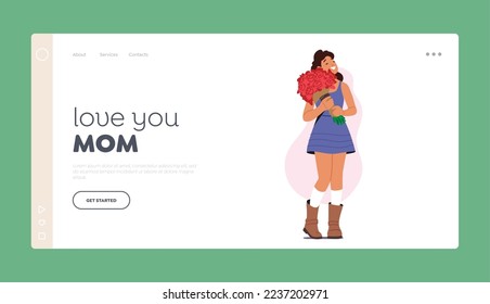 Young Woman Holding Flowers Bouquet Landing Page Template. Happy Female Character Receive Present for Birthday Celebration or Dating. Girl with Blossoms in Hands. Cartoon People Vector Illustration