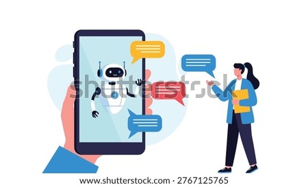 Young woman holding a folder while interacting with a friendly robot character on a smartphone screen, illustrating future ai assistants.