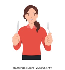 Mujer joven sosteniendo tenedor y cuchillo. Mujer hambrienta esperando comida. Ilustración vectorial plana aislada en fondo blanco