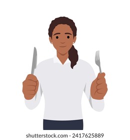 Young woman holding fork and knife. Hungry woman waiting for food. Flat vector illustration isolated on white background