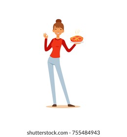 Young woman holding freshly baked pie and showing okay sign, housewife girl cooking food in the kitchen flat vector Illustration