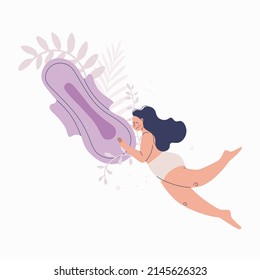 Young Woman Holding Giant Feminine Sanitary Pad. Concept Of Women's Health And Hygiene. Vector Isolated Illustration.